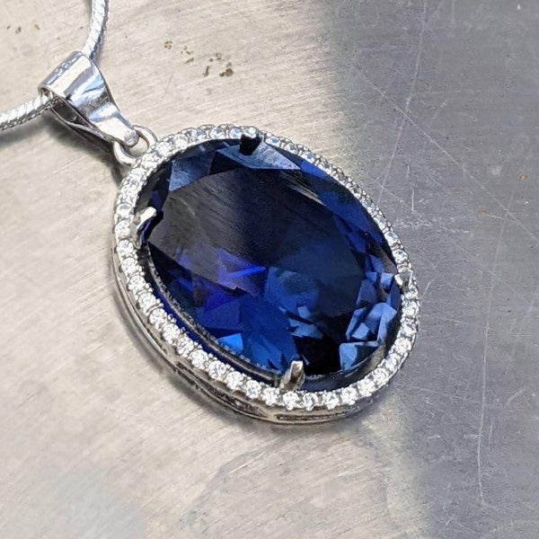 Genuine Lab Grown Blue Sapphire Pendant With Halo 9.30ct Oval Cut Mother's Day Gift Large Blue Sapphire Pendant Her Birthday Bridal Jewelry