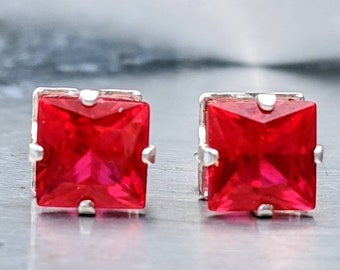 Real Ruby Stud Earrings Pigeon Blood Ruby Earrings, Silver or 14k 8mm 3ct per stone Princess Cut Ruby Stud Earrings Anniversary Jewelry