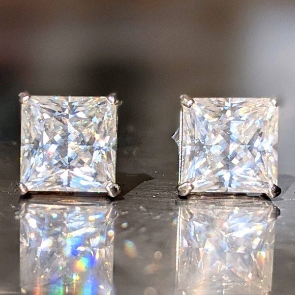 Pendientes Moissanite certificados VVS Plata de ley u oro Princesa Corte 6mm Stud Pendientes 3ct Abril Birthstone Pendientes Mujer Regalo de cumpleaños