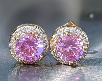 Echte roze saffier Stud Oorbellen. Roze saffier oorbellen rond 6 mm met halo 2ct, 14k goud dames verjaardagscadeau - edelsteen sieraden
