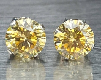 Pendientes de moissanita real de color amarillo claro certificado Plata u oro Corte redondo 6 mm 2 ct Pendientes de perno Regalo de cumpleaños Hombre o mujer Pendientes de diamantes