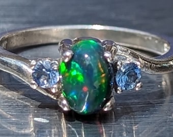 AAA Natural Ethiopian Green Fire Opal Ring Oval WIth Natural Blue Sapphire Accent Stones Three Stone Ring October Birthstone Genuine Opal