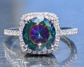 Anel de topázio místico real com halo deslumbrante 8mm 2ct corte redondo 14k ou anel de prata esterlina joias com pedras preciosas naturais para seu presente de aniversário