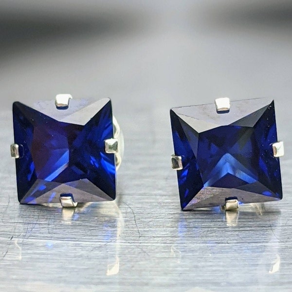 6ct Real Blue Sapphire Stud Earrings 8mm Princess Cut Sterling Silver Or Solid Gold Blue Sapphire Studs For Womens Birthday Gift Anniversary