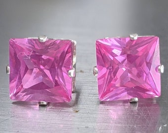 Real Pink Sapphire Stud Earrings. Pink Sapphire Earrings 8mm Silver or solid gold Women's Birthday Gift -  6ct Genuine Gemstone Jewelry