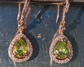 Natural Peridot Earrings Rose Gold With Halo For Womens Birthday Gift Naturally Mined Genuine Gemstone Peridot Dangle Earrings