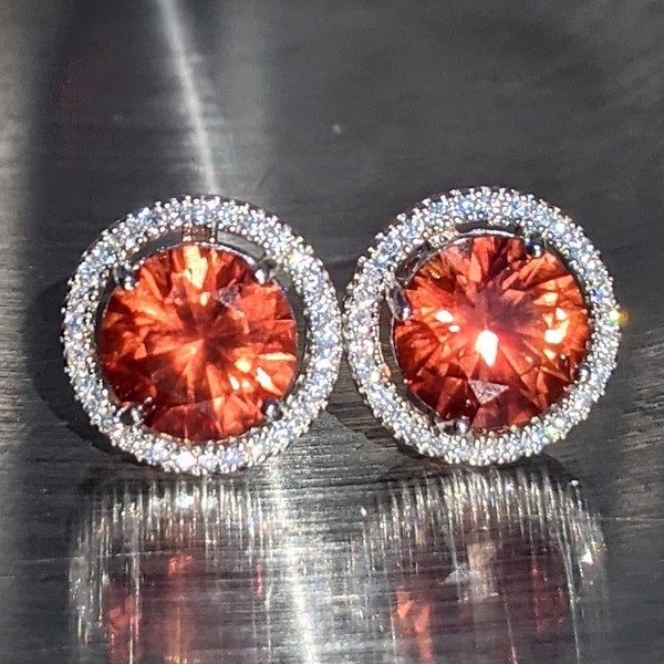 Real Padparadscha Sapphire Stud Earrings 8mm Round Cut Sterling Silver Orange Sapphire Studs With Halo For Womens Birthday Christmas Gift