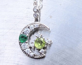 Crescent Moon Pendant With Natural Emerald and Peridot Gemstone. Moon and Star Necklace Sterling Silver For Women Birthday Gift