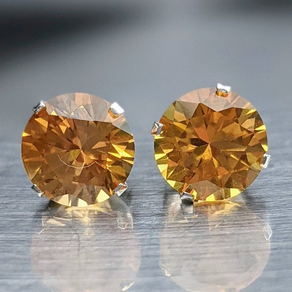 4ct Real Yellow Sapphire Stud Earrings 8mm Round Sterling Silver Or Solid Gold Yellow Sapphire Studs For Women Birthday Gift Christmas Gift