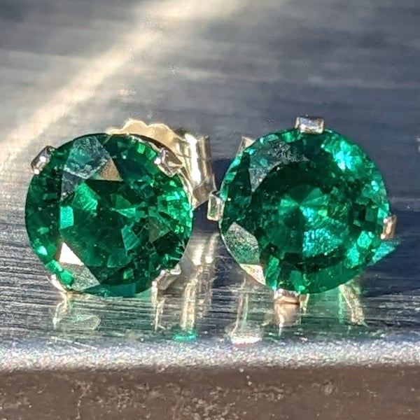 Dark Zambian Emerald Stud Earrings 6mm Round Stud Emerald Earrings Hydrothermal Emerald Studs Earrings For Her Birthday Gift Valentine's