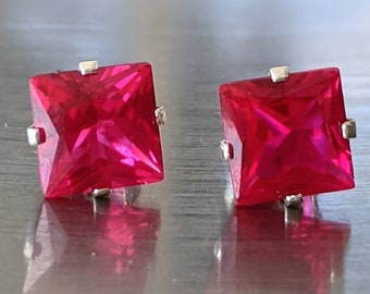 Real Ruby Stud Earrings Pigeon Blood Ruby Earrings Silver or Solid Gold 6mm 1.24ct per stone Princess Cut Ruby Stud Earring Anniversary Gift