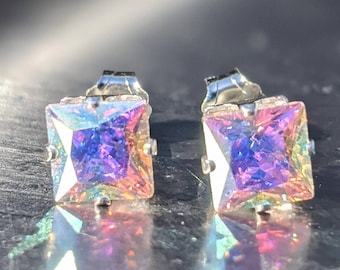 Mystic Topaz Stud Boucles d’oreilles Sterling Silver - Square 5mm 0.80 ct Boucles d’oreilles minimalistes - Livraison gratuite rapide - Bijoux en pierres précieuses -Bijoux Topaz