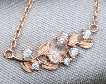 Natural Dainty Morganite Leaf Branch Pendant with Accent Diamonds Rose Gold Necklace Oval Natural Morganite 6x4mm Morganite for Christmas