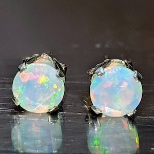 AAA Natural Ethiopian White Fire Opal Stud Earrings round Opal Stud Earrings Silver or Solid Gold October Birthstone Naturally Mined 6mm