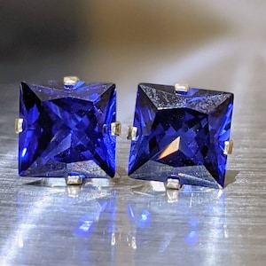 6mm Real Blue Sapphire Stud Earrings 6mm Princess Cut Sterling Silver Or Solid Gold Blue Sapphire Studs For Womens Birthday Gift Anniversary