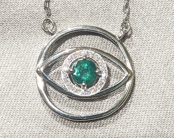 4.5mm Natural Emerald Evil Eye Pendant - Trendy and Protective Charm 0.36ct Genuine Emerald Pendant  For Her Birthday Gift - Christmas Gift
