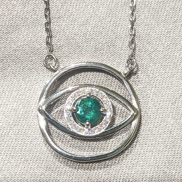 4.5mm Natural Emerald Evil Eye Pendant - Trendy and Protective Charm 0.36ct Genuine Emerald Pendant  For Her Birthday Gift - Christmas Gift