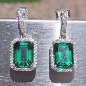 Real Emerald Earrings With Halo For Womens Birthday Gift 9x7mm 2.60ct Emerald Cut hydrothermal Emerald Drop Earrings Sterling Bridal Gift zdjęcie 2