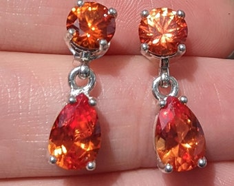 Real Padparadscha Sapphire Stud Earrings Pear Cut Sterling Silver Vintage Orange Sapphire Drop Studs For Womens Birthday Christmas Gift