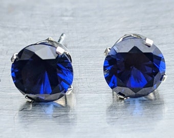 Boucles d'oreilles à tige en saphir bleu véritable 4 carats, coupe ronde de 8 mm, en argent sterling ou en or 14 carats, clous en saphir bleu pour femme, cadeau d'anniversaire certifié