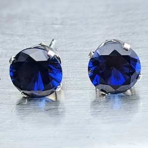 Pendientes de zafiro azul real de 4 ct, 8 mm de corte redondo de ley o tachuelas de zafiro azul de oro de 14 k para mujer, regalo de cumpleaños, certificado de aniversario imagen 1