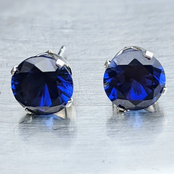 Boucles d'oreilles à tige en saphir bleu véritable 4 carats, coupe ronde de 8 mm, en argent sterling ou en or 14 carats, clous en saphir bleu pour femme, cadeau d'anniversaire certifié