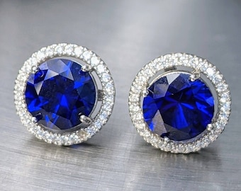 Orecchini con vero zaffiro blu Grandi orecchini con zaffiro rotondo da 8 mm con gioielli in argento Halo Regalo di compleanno qualcosa di gioielli da sposa blu