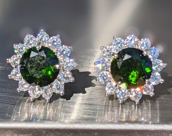 Natural Chrome Diopside Stud Earrings With Halo 7mm Round Cut Sparkling Chrome Diopside Studs For Her Birthday Valentines Gift Genuine Gem