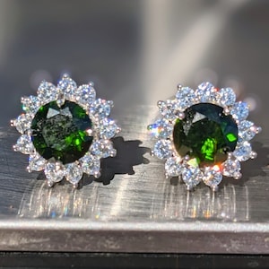 Natural Chrome Diopside Stud Earrings With Halo 7mm Round Cut Sparkling Chrome Diopside Studs For Her Birthday Valentines Gift Genuine Gem image 1