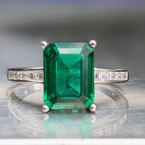 Zambian Emerald Ring 8x6mm 2.60ct Emerald Cut Vintage Dark Emerald Engagement Ring With Paved Band For Women's Birthday Gift Bridal Gift image 2