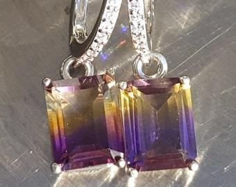 Natural bi-colored Ametrine Lever Back Earrings with halo 9x7mm Emerald Cut earrings Birthstone Earrings Genuine Birthday Gift Ready To Ship