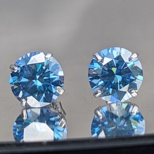 Swiss Blue Moissanite Stud Earrings - 6mm .80ct each - Stunning, Hypoallergenic & Everyday Elegance.  For Christmas Gift Diamond Alternative