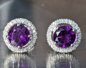 Natural Dark AAA African Amethyst Stud Earrings With Halo Solid 14k February birthstone 6mm Stud Earrings Amethyst Earrings Naturally Mined