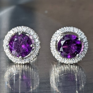 Natural Dark AAA African Amethyst Stud Earrings With Halo Solid 14k February birthstone 6mm Stud Earrings Amethyst Earrings Naturally Mined image 1