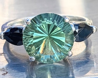 Natuurlijke groene Amethist ring met rug saffier 3ct ronde concave geslepen Amethist ring met peer geslepen saffier voor verjaardag jubileum cadeau