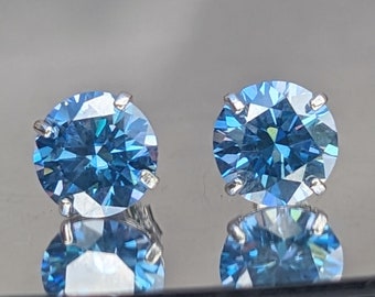 Swiss Blue Moissanite Stud Earrings - 6mm .80ct each - Stunning, Hypoallergenic & Everyday Elegance.  For Christmas Gift Diamond Alternative