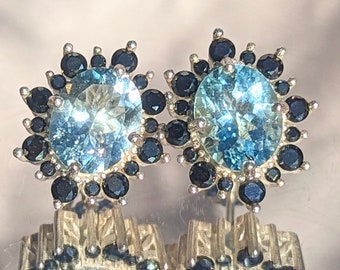 Elegant Natural Aquamarine and Spinel Halo Stud Earrings - Luxurious Blue Gemstone Earrings for Special Occasions, Weddings, and Gifts