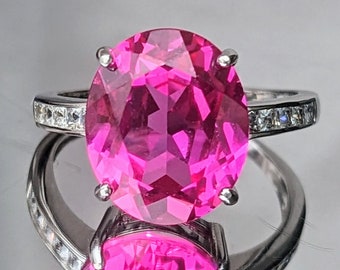 Hot Pink Sapphire Ring With Paved Band Sterling or 14k Gold Oval Cut 10x12mm 5ct Bright Pink Sapphire Ring Womens Birthday Anniversary Gift