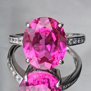 Hot Pink Sapphire Ring With Paved Band Sterling or 14k Gold Oval Cut 10x12mm 5ct Bright Pink Sapphire Ring Womens Birthday Anniversary Gift