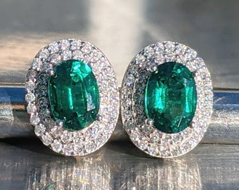 Zambian Emerald Stud Earrings With Double Halo 5x7mm .80ct Oval Cut African Emerald Earring For Her Birthday Gift Valentines Gift May