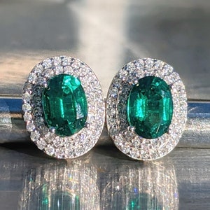 Zambian Emerald Stud Earrings With Double Halo 5x7mm .80ct Oval Cut African Emerald Earring For Her Birthday Gift Valentines Gift May zdjęcie 1