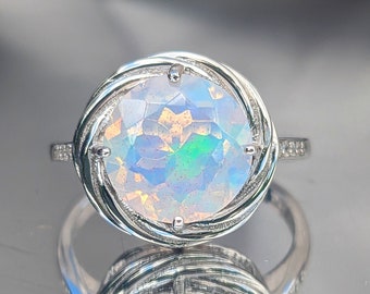 10mm Natural Ethiopian White Fire Opal Ring - Vintage Style Swirl Bezel Setting October Birthstone Naturally Mined For Her Christmas Gift