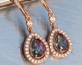 Natural Mystic Topaz Earrings With Halo 7x5mm Rainbow Topaz Pear Gold Dangle Earrings For Her Birthday Gift Genuine Gemstones Gifts For Her