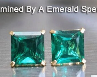 Zambian Emerald Stud Earrings 7mm 1.90ct Princess Cut For Womens Birthday Gift Emerald Square Earrings For Christmas Gift Bridal Jewelry