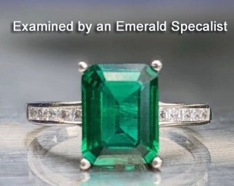 Zambian Emerald Ring 8x6mm 2.60ct Emerald Cut Vintage Dark Emerald Engagement Ring With Paved Band For Women's Birthday Gift Bridal Gift