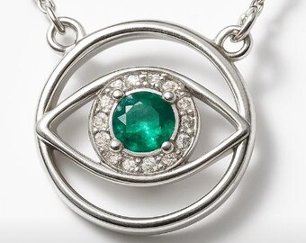 Emerald Evil Eye Pendant: Sterling Silver Charm, Protective Amulet