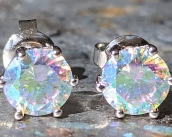 Orecchini a bottone con topazio mistico: argento sterling, gioielli con pietre preziose da 5 mm