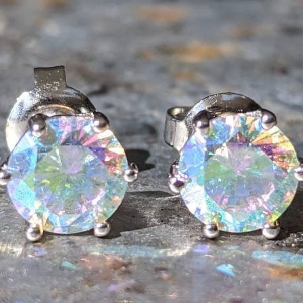 Mystic Topaz Stud Earrings - Sterling Silver - 5mm Minimalist earrings - Fast Free Shipping -  Gemstone Jewelry -Topaz Jewellery - For Her