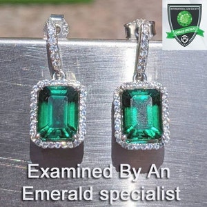 Real Emerald Earrings With Halo For Womens Birthday Gift 9x7mm 2.60ct Emerald Cut hydrothermal Emerald Drop Earrings Sterling Bridal Gift zdjęcie 1