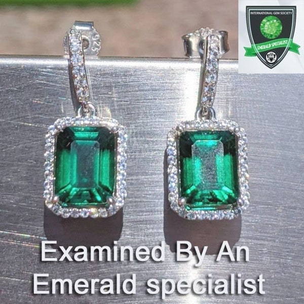 Real Emerald Earrings With Halo For Womens Birthday Gift 9x7mm 2.60ct Emerald Cut  hydrothermal Emerald Drop Earrings Sterling Bridal Gift